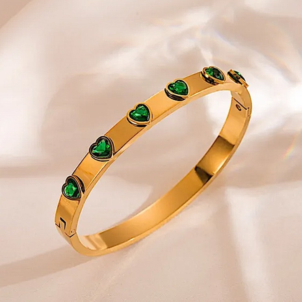 Gold Plated Emerald Heart Zircon Bangle Bracelet